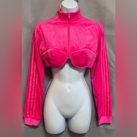 Adidas X Jeremy Scott‎ cropped Velour Track Jacket Neon Pink Sz Medium - Picture 2 of 14
